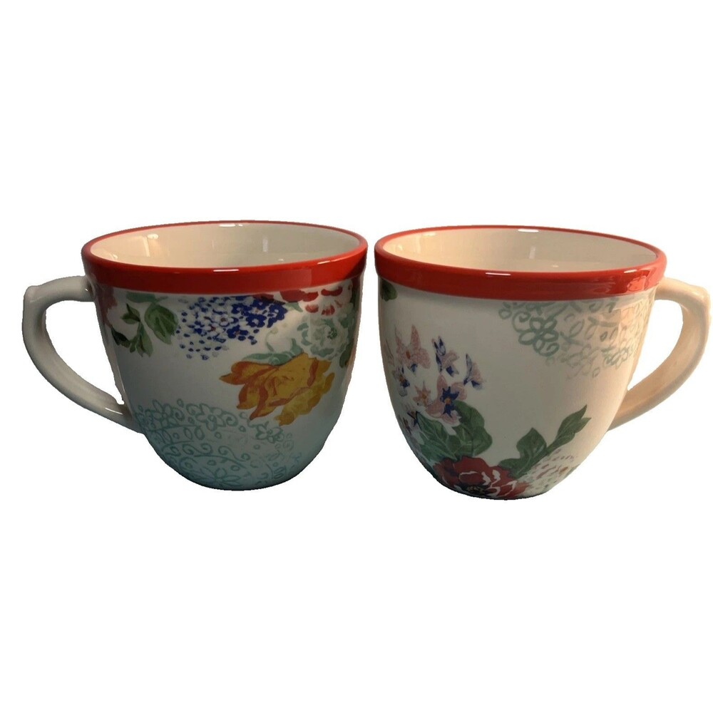 Pioneer Woman Country Garden Red Rim Coffee Mugs 17 oz Set of 2 Stoneware